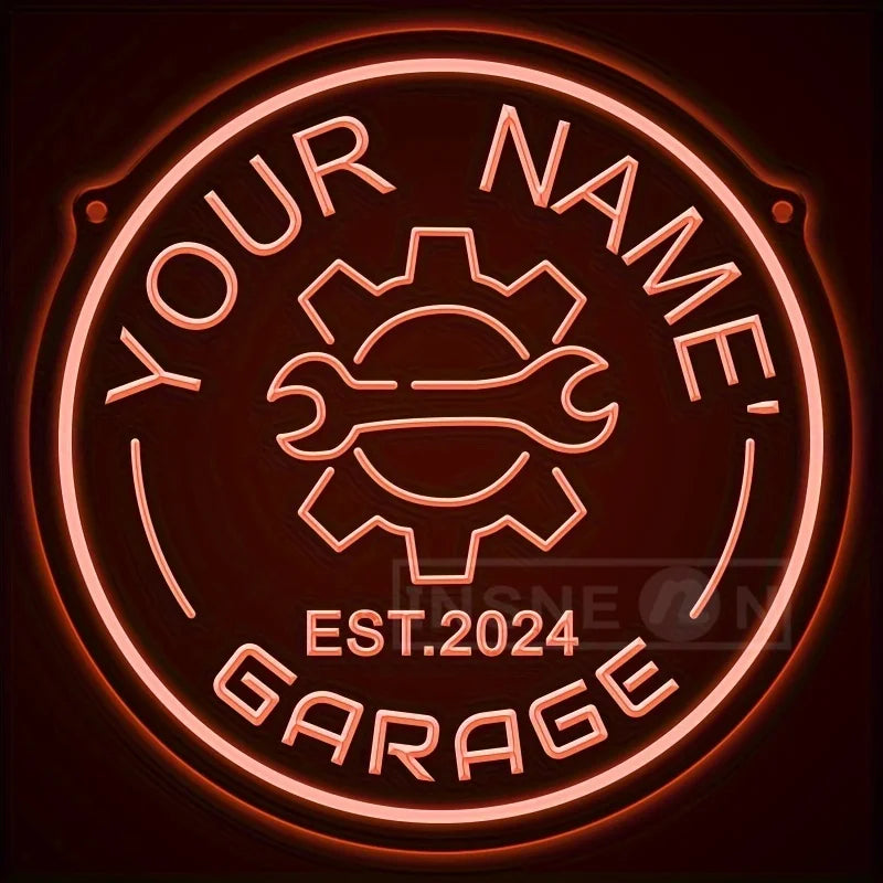 Neon garagebord met tandwielontwerp – gepersonaliseerd met jouw naam – LED-muurdecor met verstelbare helderheid via USB – voor autoliefhebbers, feestjes en garage-inrichting
