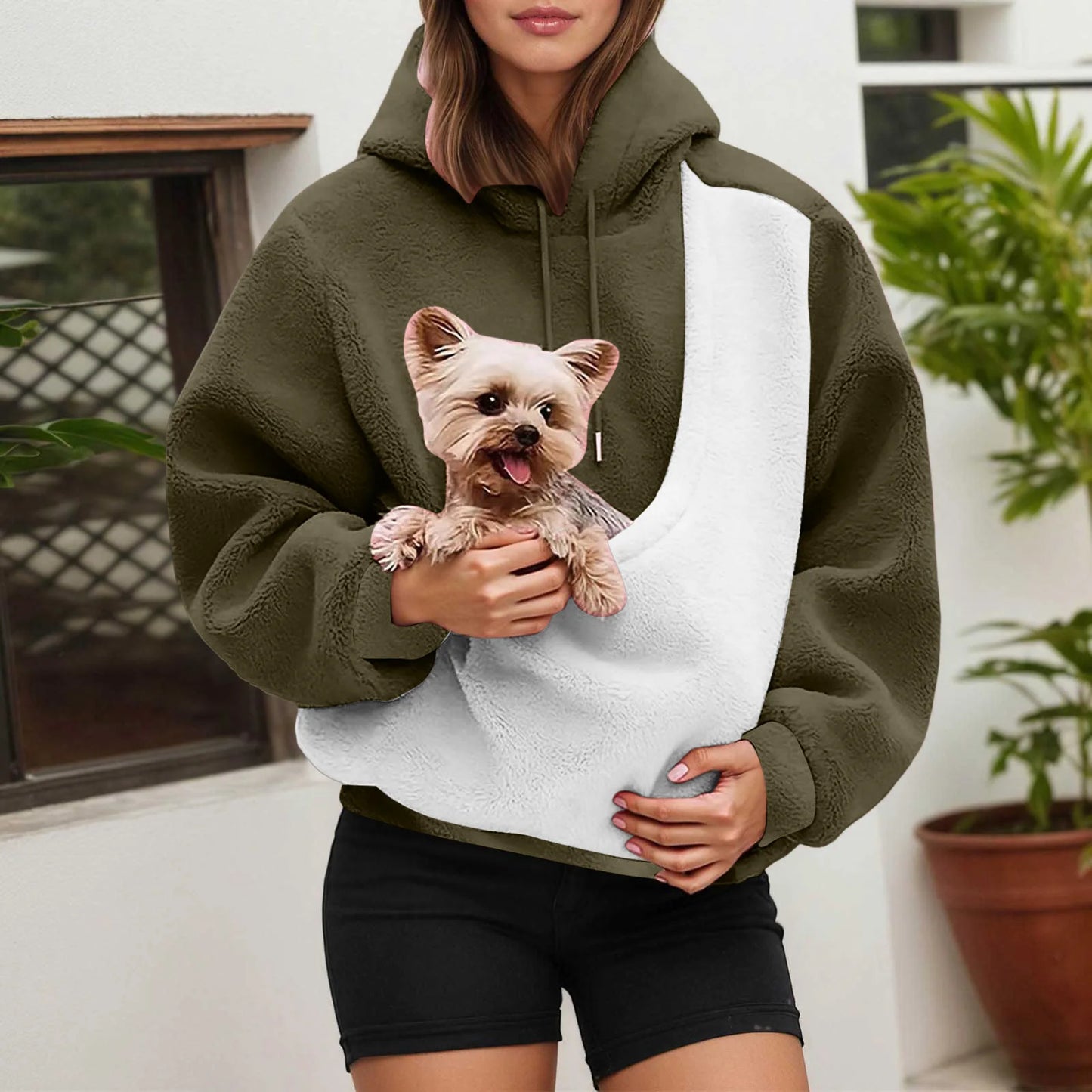 Oversized Contrast Shearling Hoodie met Huisdierzak – Warm, Stijlvol en Uniek!