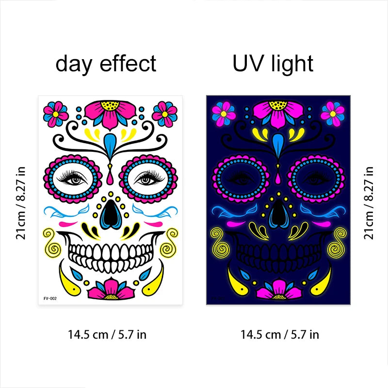 Fluorescerende Dag van de Doden Gezichtstattoos – Waterproof Party Stickers!