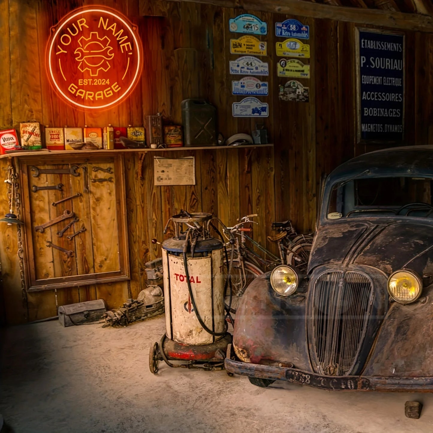 Neon garagebord met tandwielontwerp – gepersonaliseerd met jouw naam – LED-muurdecor met verstelbare helderheid via USB – voor autoliefhebbers, feestjes en garage-inrichting