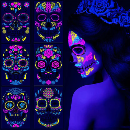 Fluorescerende Dag van de Doden Gezichtstattoos – Waterproof Party Stickers!