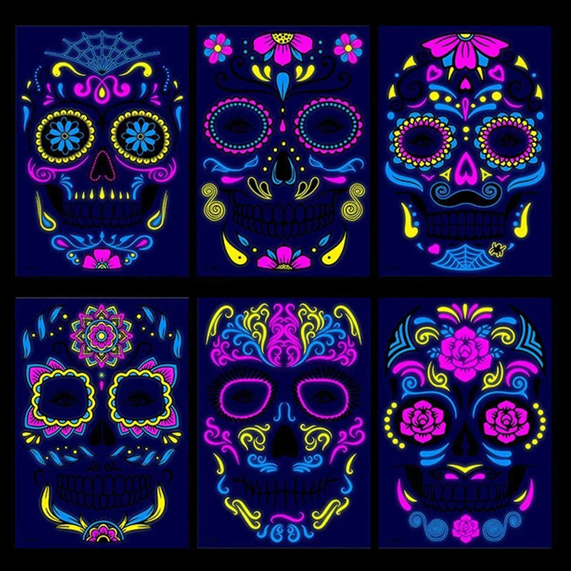 Fluorescerende Dag van de Doden Gezichtstattoos – Waterproof Party Stickers!