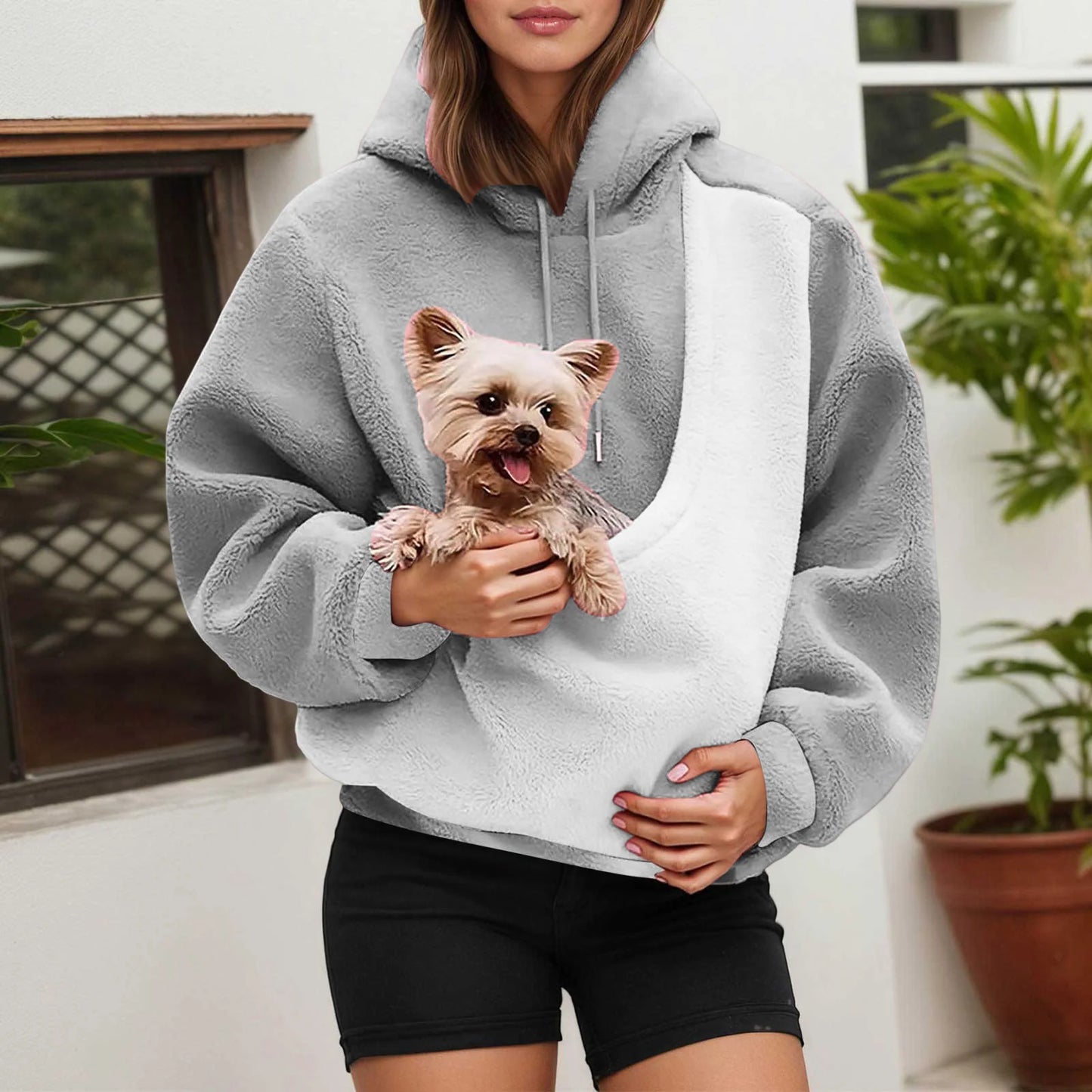 Oversized Contrast Shearling Hoodie met Huisdierzak – Warm, Stijlvol en Uniek!