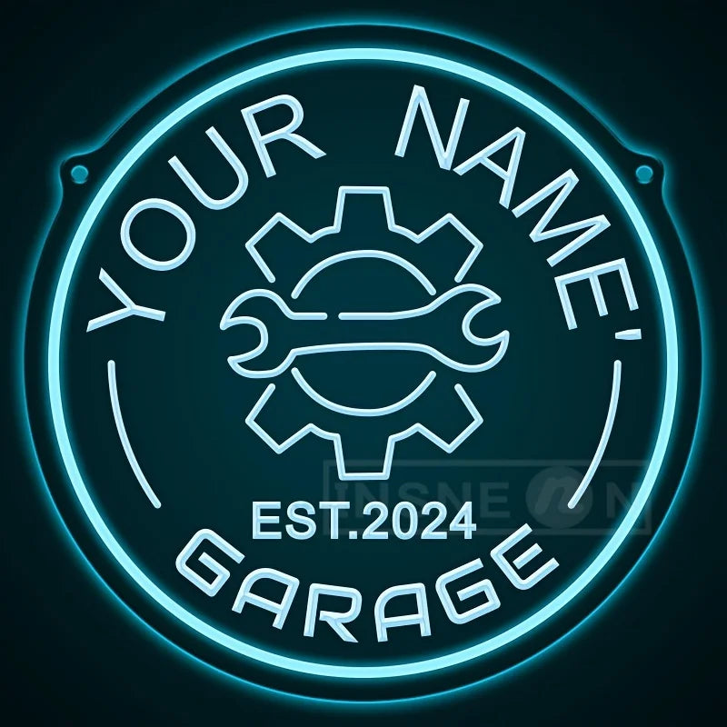 Neon garagebord met tandwielontwerp – gepersonaliseerd met jouw naam – LED-muurdecor met verstelbare helderheid via USB – voor autoliefhebbers, feestjes en garage-inrichting