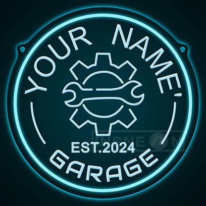 Neon garagebord met tandwielontwerp – gepersonaliseerd met jouw naam – LED-muurdecor met verstelbare helderheid via USB – voor autoliefhebbers, feestjes en garage-inrichting