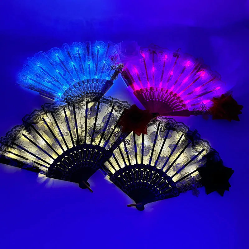 LED Opvouwbare Waaier – Retro Lolita Stijl met Zwarte & Donkerrode Rozen