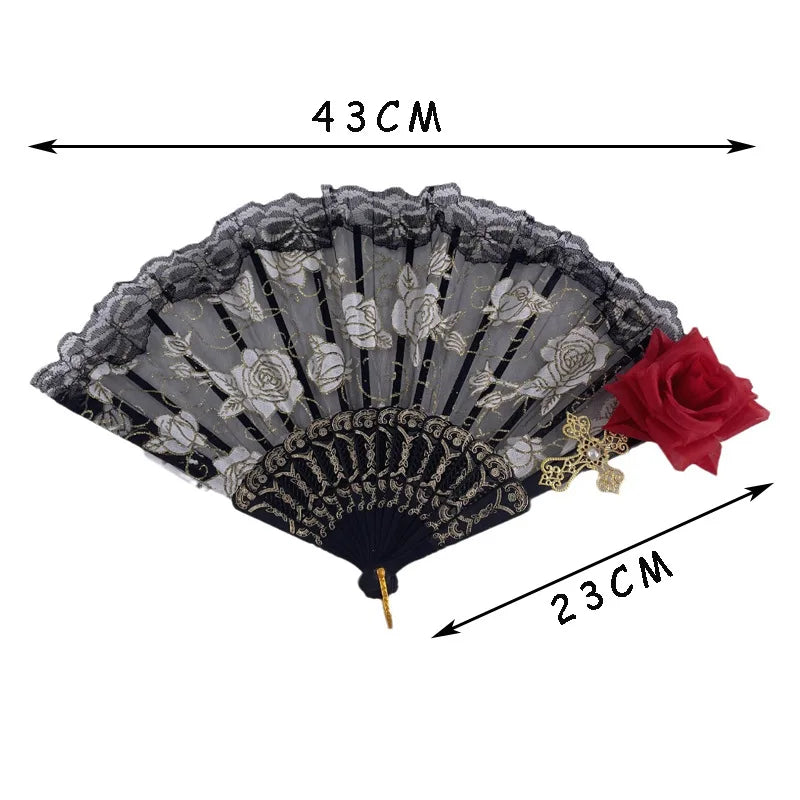 LED Opvouwbare Waaier – Retro Lolita Stijl met Zwarte & Donkerrode Rozen