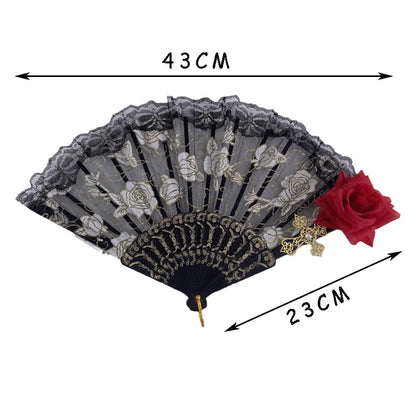 LED Opvouwbare Waaier – Retro Lolita Stijl met Zwarte & Donkerrode Rozen