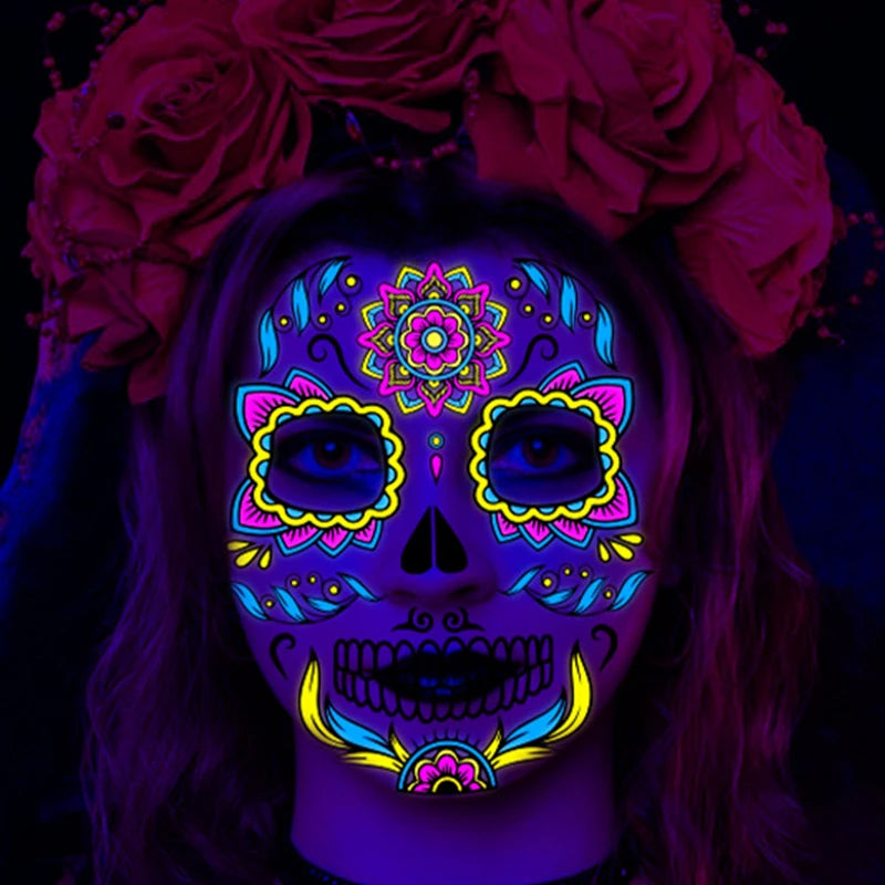 Fluorescerende Dag van de Doden Gezichtstattoos – Waterproof Party Stickers!