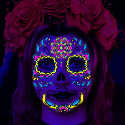 Fluorescerende Dag van de Doden Gezichtstattoos – Waterproof Party Stickers!