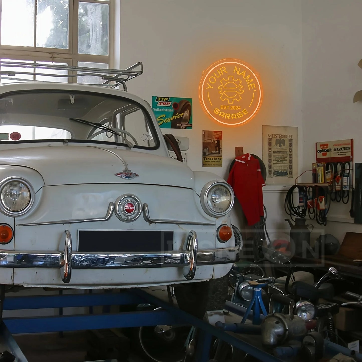 Neon garagebord met tandwielontwerp – gepersonaliseerd met jouw naam – LED-muurdecor met verstelbare helderheid via USB – voor autoliefhebbers, feestjes en garage-inrichting