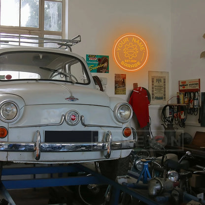 Neon garagebord met tandwielontwerp – gepersonaliseerd met jouw naam – LED-muurdecor met verstelbare helderheid via USB – voor autoliefhebbers, feestjes en garage-inrichting