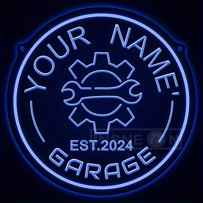 Neon garagebord met tandwielontwerp – gepersonaliseerd met jouw naam – LED-muurdecor met verstelbare helderheid via USB – voor autoliefhebbers, feestjes en garage-inrichting