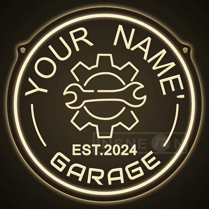 Neon garagebord met tandwielontwerp – gepersonaliseerd met jouw naam – LED-muurdecor met verstelbare helderheid via USB – voor autoliefhebbers, feestjes en garage-inrichting