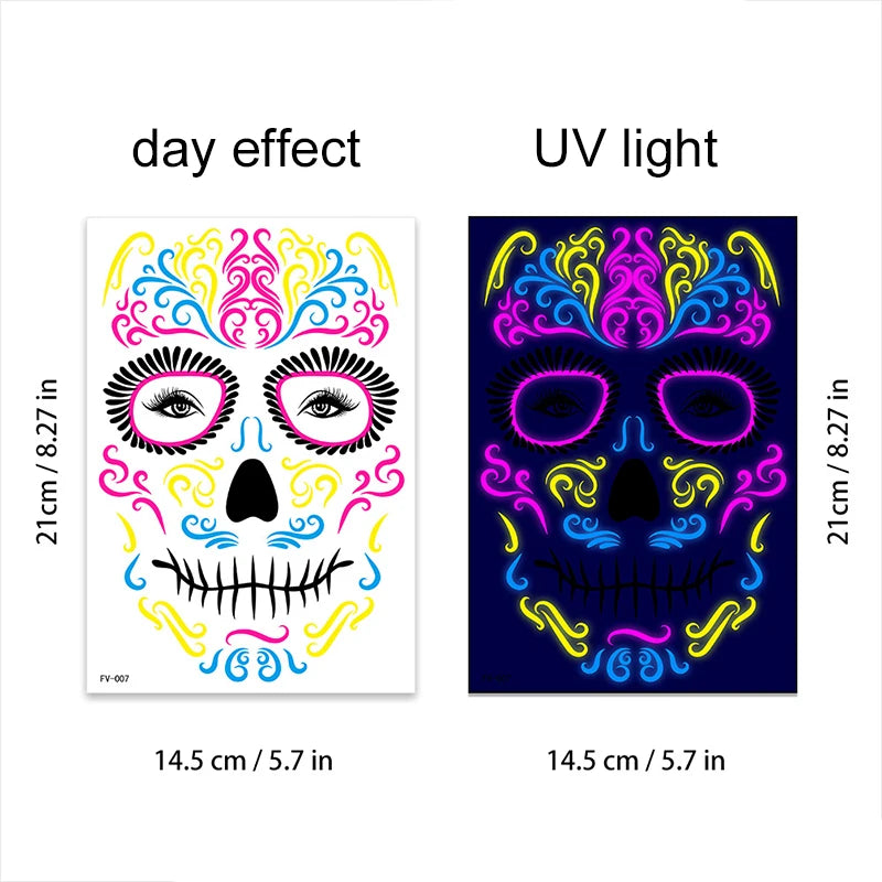 Fluorescerende Dag van de Doden Gezichtstattoos – Waterproof Party Stickers!