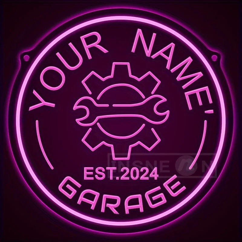 Neon garagebord met tandwielontwerp – gepersonaliseerd met jouw naam – LED-muurdecor met verstelbare helderheid via USB – voor autoliefhebbers, feestjes en garage-inrichting