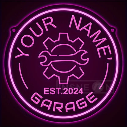 Neon garagebord met tandwielontwerp – gepersonaliseerd met jouw naam – LED-muurdecor met verstelbare helderheid via USB – voor autoliefhebbers, feestjes en garage-inrichting