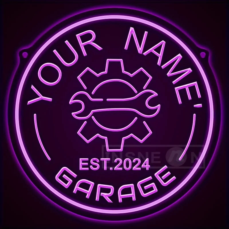 Neon garagebord met tandwielontwerp – gepersonaliseerd met jouw naam – LED-muurdecor met verstelbare helderheid via USB – voor autoliefhebbers, feestjes en garage-inrichting