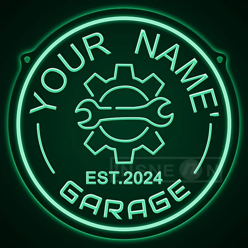 Neon garagebord met tandwielontwerp – gepersonaliseerd met jouw naam – LED-muurdecor met verstelbare helderheid via USB – voor autoliefhebbers, feestjes en garage-inrichting