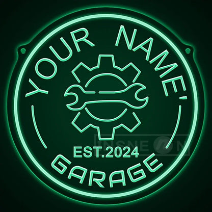 Neon garagebord met tandwielontwerp – gepersonaliseerd met jouw naam – LED-muurdecor met verstelbare helderheid via USB – voor autoliefhebbers, feestjes en garage-inrichting