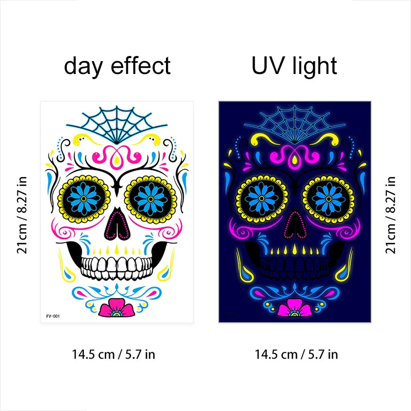 Fluorescerende Dag van de Doden Gezichtstattoos – Waterproof Party Stickers!
