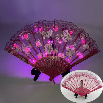 LED Opvouwbare Waaier – Retro Lolita Stijl met Zwarte & Donkerrode Rozen