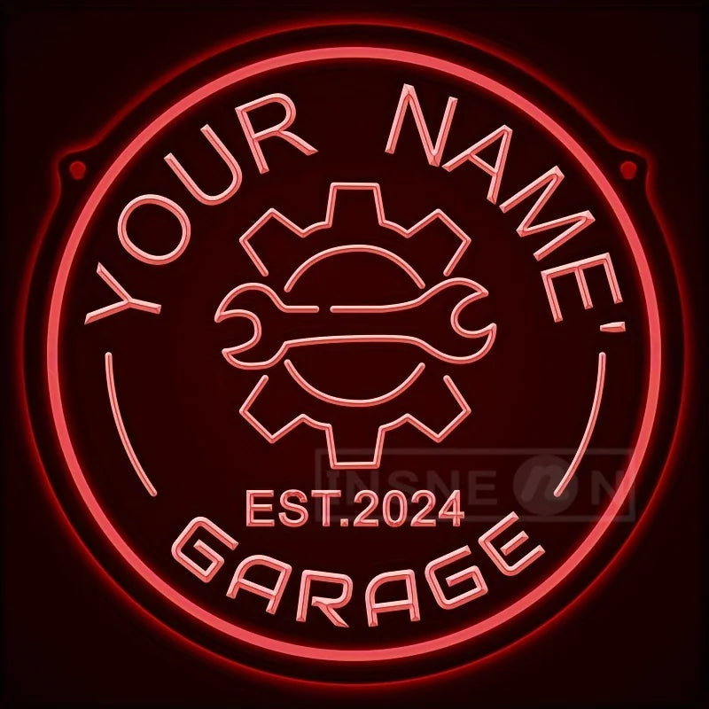 Neon garagebord met tandwielontwerp – gepersonaliseerd met jouw naam – LED-muurdecor met verstelbare helderheid via USB – voor autoliefhebbers, feestjes en garage-inrichting