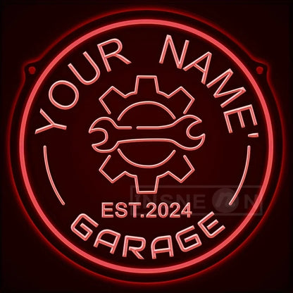 Neon garagebord met tandwielontwerp – gepersonaliseerd met jouw naam – LED-muurdecor met verstelbare helderheid via USB – voor autoliefhebbers, feestjes en garage-inrichting
