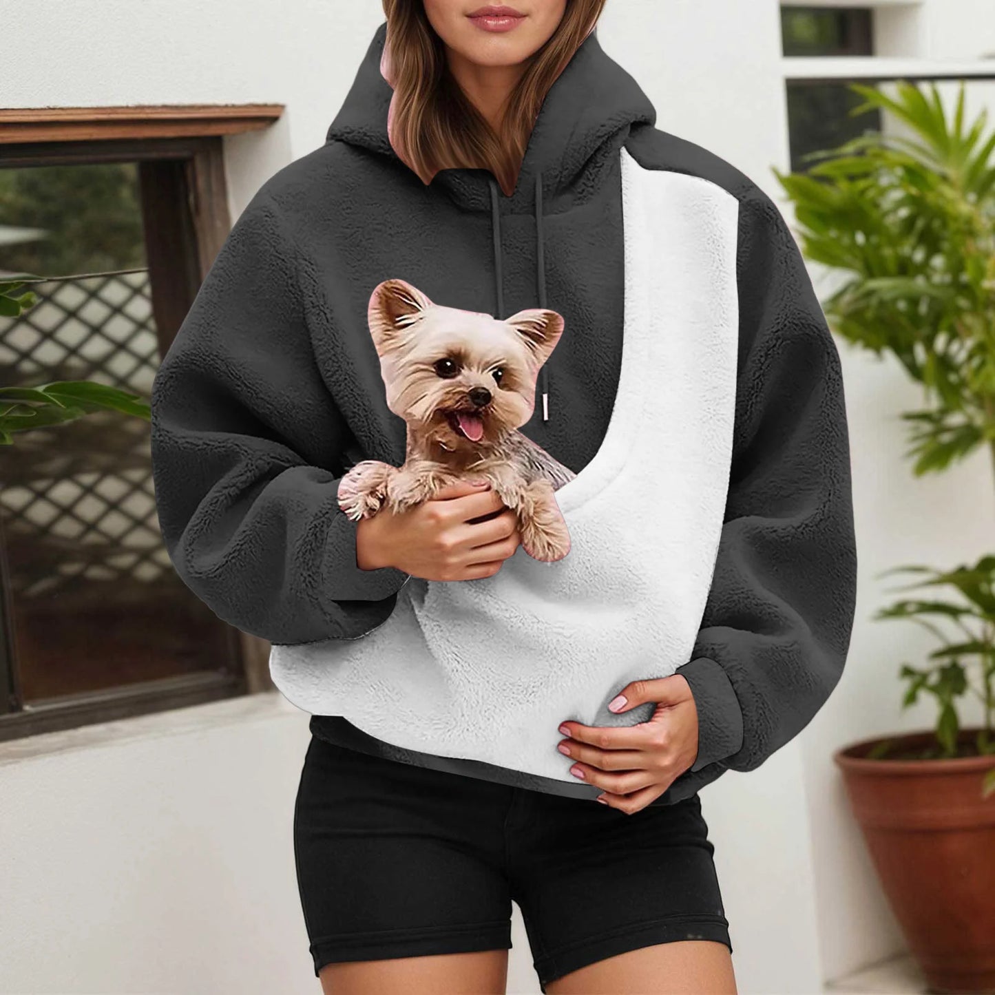 Oversized Contrast Shearling Hoodie met Huisdierzak – Warm, Stijlvol en Uniek!