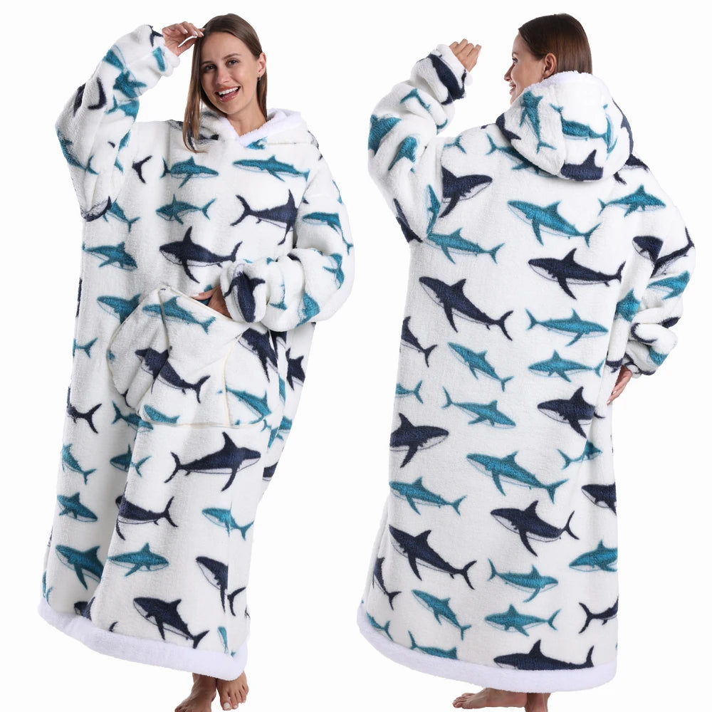 Superlange kerst-flanellen deken met mouwen – warme hoodie, nachthemd, pyjama-trui voor winter – uniseks fleece pull-over voor dames & heren