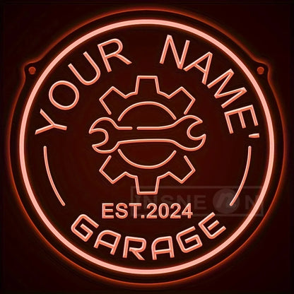 Neon garagebord met tandwielontwerp – gepersonaliseerd met jouw naam – LED-muurdecor met verstelbare helderheid via USB – voor autoliefhebbers, feestjes en garage-inrichting
