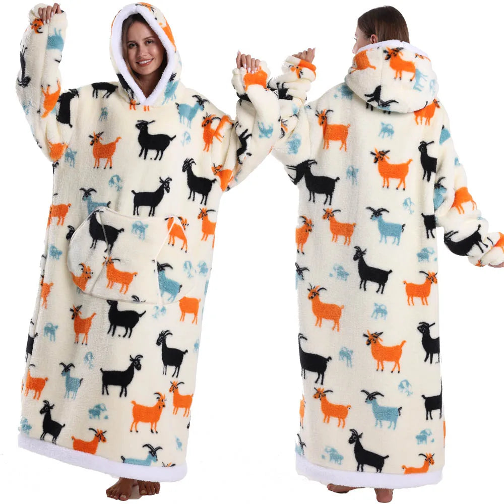 Superlange kerst-flanellen deken met mouwen – warme hoodie, nachthemd, pyjama-trui voor winter – uniseks fleece pull-over voor dames & heren