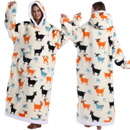 Superlange kerst-flanellen deken met mouwen – warme hoodie, nachthemd, pyjama-trui voor winter – uniseks fleece pull-over voor dames & heren