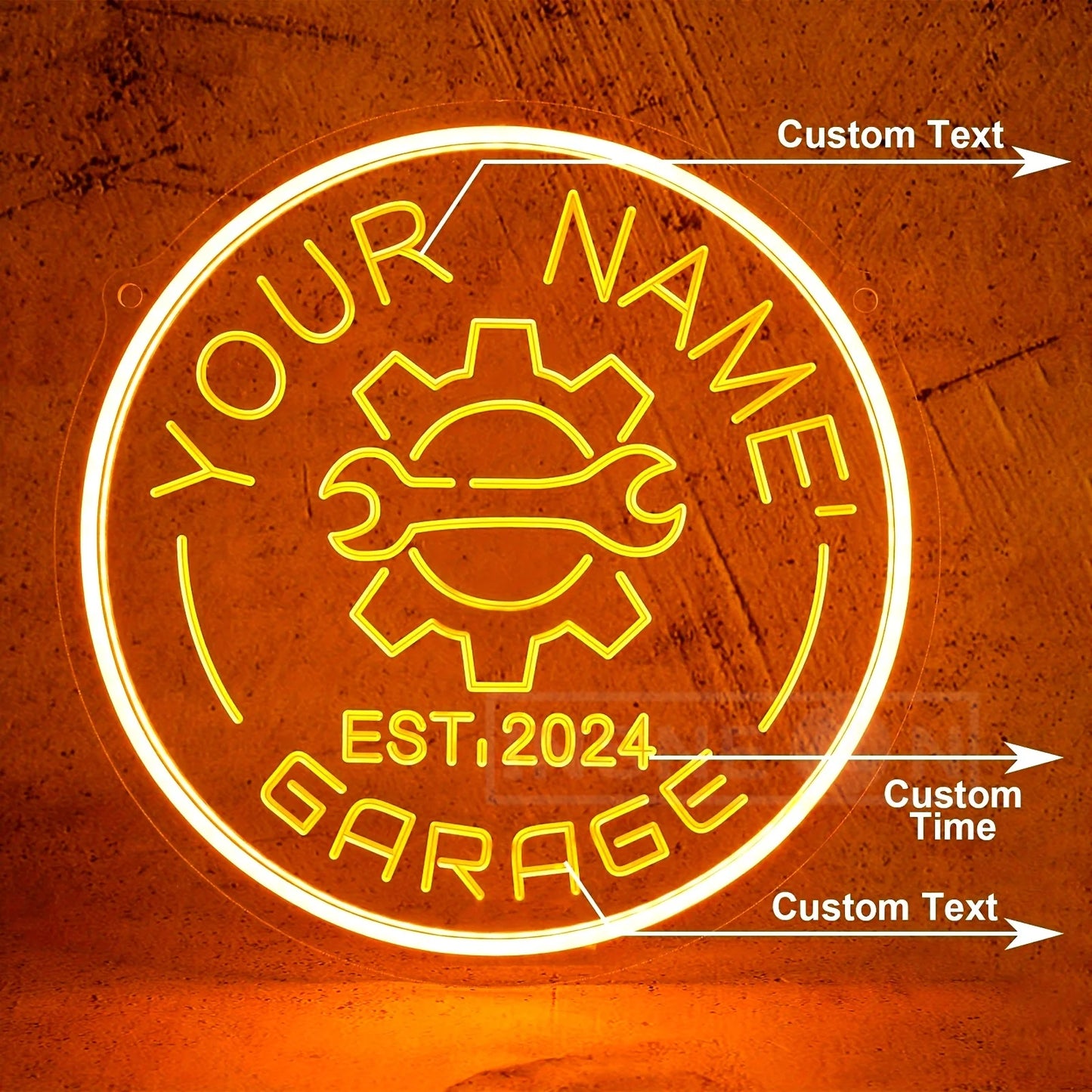 Neon garagebord met tandwielontwerp – gepersonaliseerd met jouw naam – LED-muurdecor met verstelbare helderheid via USB – voor autoliefhebbers, feestjes en garage-inrichting
