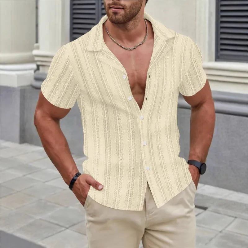 Summer Men's Casual Beach Top Shirt Elegant Men's Sexy Lace See-through Short-sleeved Shirt Breathable Sunscreen Shirts for Men
