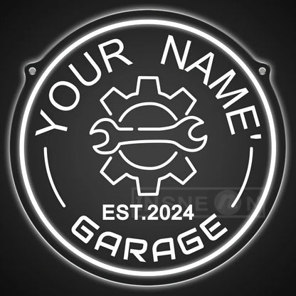 Neon garagebord met tandwielontwerp – gepersonaliseerd met jouw naam – LED-muurdecor met verstelbare helderheid via USB – voor autoliefhebbers, feestjes en garage-inrichting