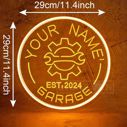 Neon garagebord met tandwielontwerp – gepersonaliseerd met jouw naam – LED-muurdecor met verstelbare helderheid via USB – voor autoliefhebbers, feestjes en garage-inrichting