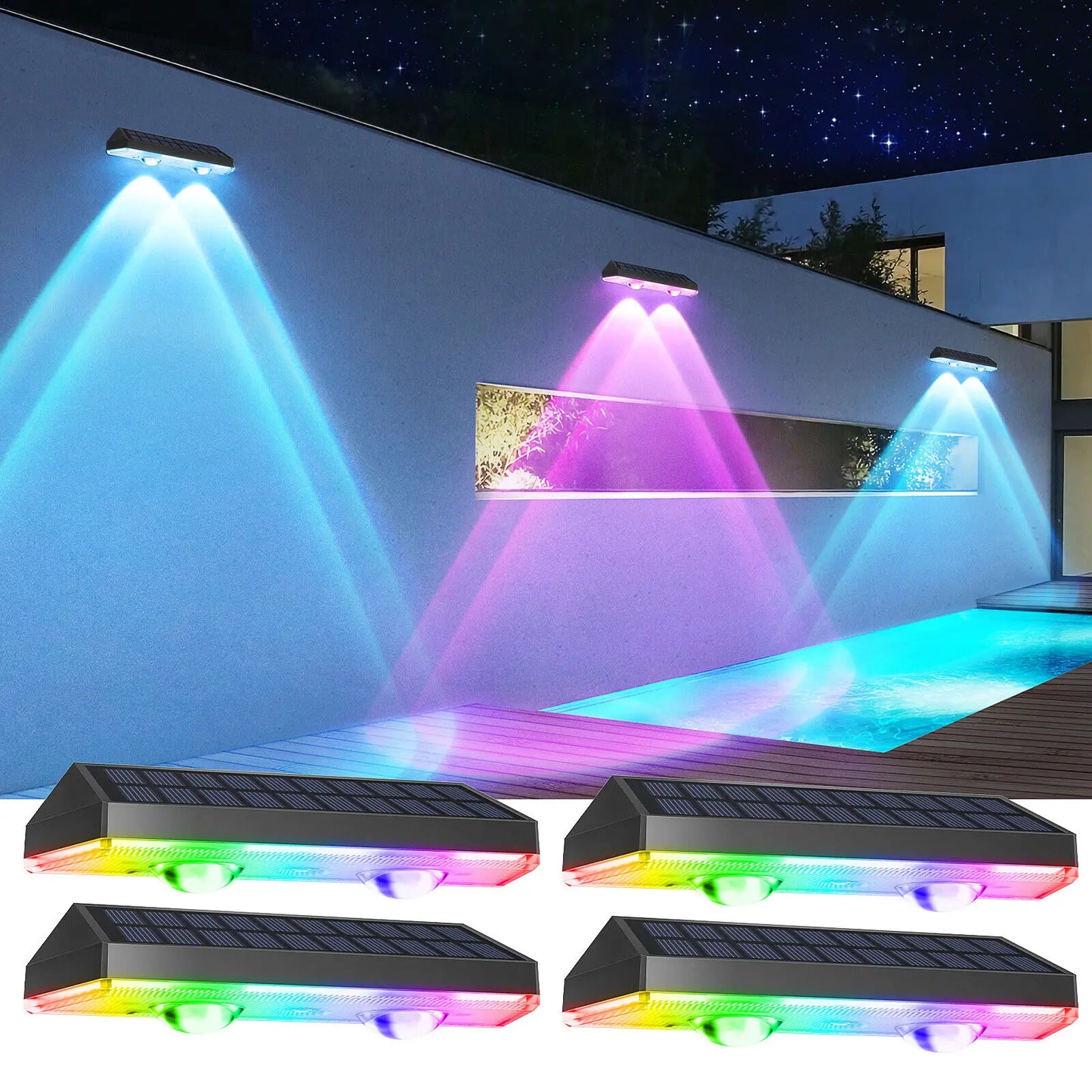 Superheldere 2 Stuks Solar Omheiningslampen – RGB en Warm Wit LED Solar Trapverlichting – Buitenmuurlampen – IP65 Waterdicht – Decoratieve Lamp