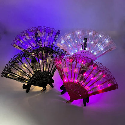 LED Opvouwbare Waaier – Retro Lolita Stijl met Zwarte & Donkerrode Rozen