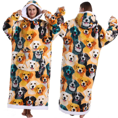 Superlange kerst-flanellen deken met mouwen – warme hoodie, nachthemd, pyjama-trui voor winter – uniseks fleece pull-over voor dames & heren