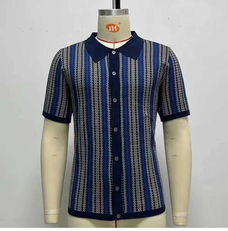 Summer Newest Polo Shirt For Men Tees Tops Striped Contrast Button Cardigan Knitted Short Sleeve Slim Fit Thin Male Polo Shirt