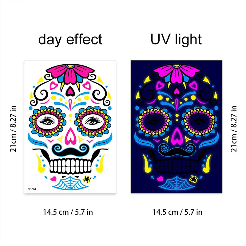 Fluorescerende Dag van de Doden Gezichtstattoos – Waterproof Party Stickers!
