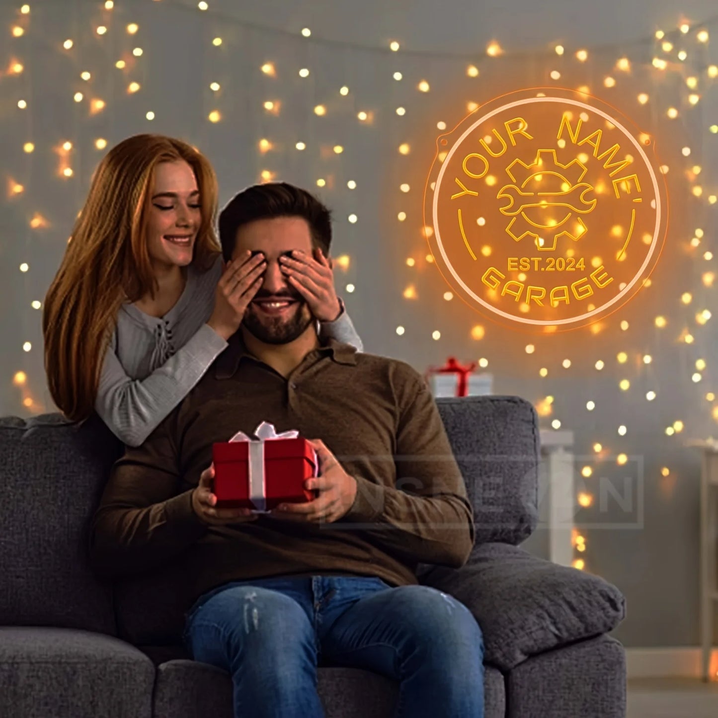 Neon garagebord met tandwielontwerp – gepersonaliseerd met jouw naam – LED-muurdecor met verstelbare helderheid via USB – voor autoliefhebbers, feestjes en garage-inrichting