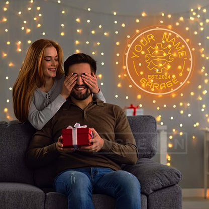 Neon garagebord met tandwielontwerp – gepersonaliseerd met jouw naam – LED-muurdecor met verstelbare helderheid via USB – voor autoliefhebbers, feestjes en garage-inrichting