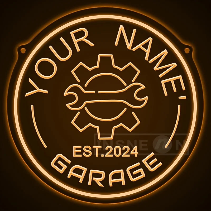 Neon garagebord met tandwielontwerp – gepersonaliseerd met jouw naam – LED-muurdecor met verstelbare helderheid via USB – voor autoliefhebbers, feestjes en garage-inrichting