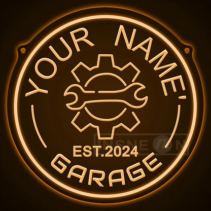Neon garagebord met tandwielontwerp – gepersonaliseerd met jouw naam – LED-muurdecor met verstelbare helderheid via USB – voor autoliefhebbers, feestjes en garage-inrichting
