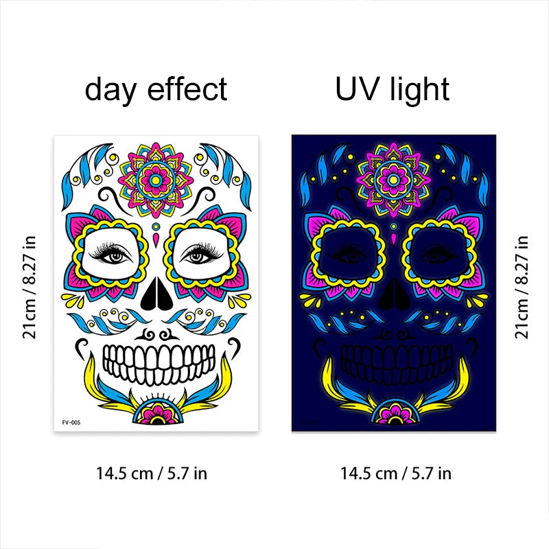 Fluorescerende Dag van de Doden Gezichtstattoos – Waterproof Party Stickers!